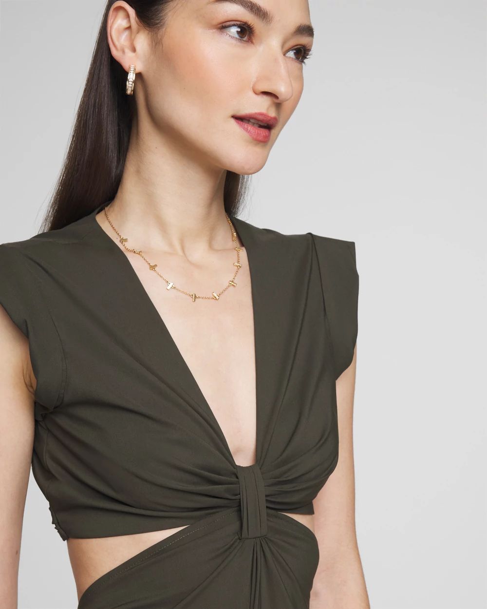 Cap Sleeve V-Neck Cutout Midi Dress | White House Black Market